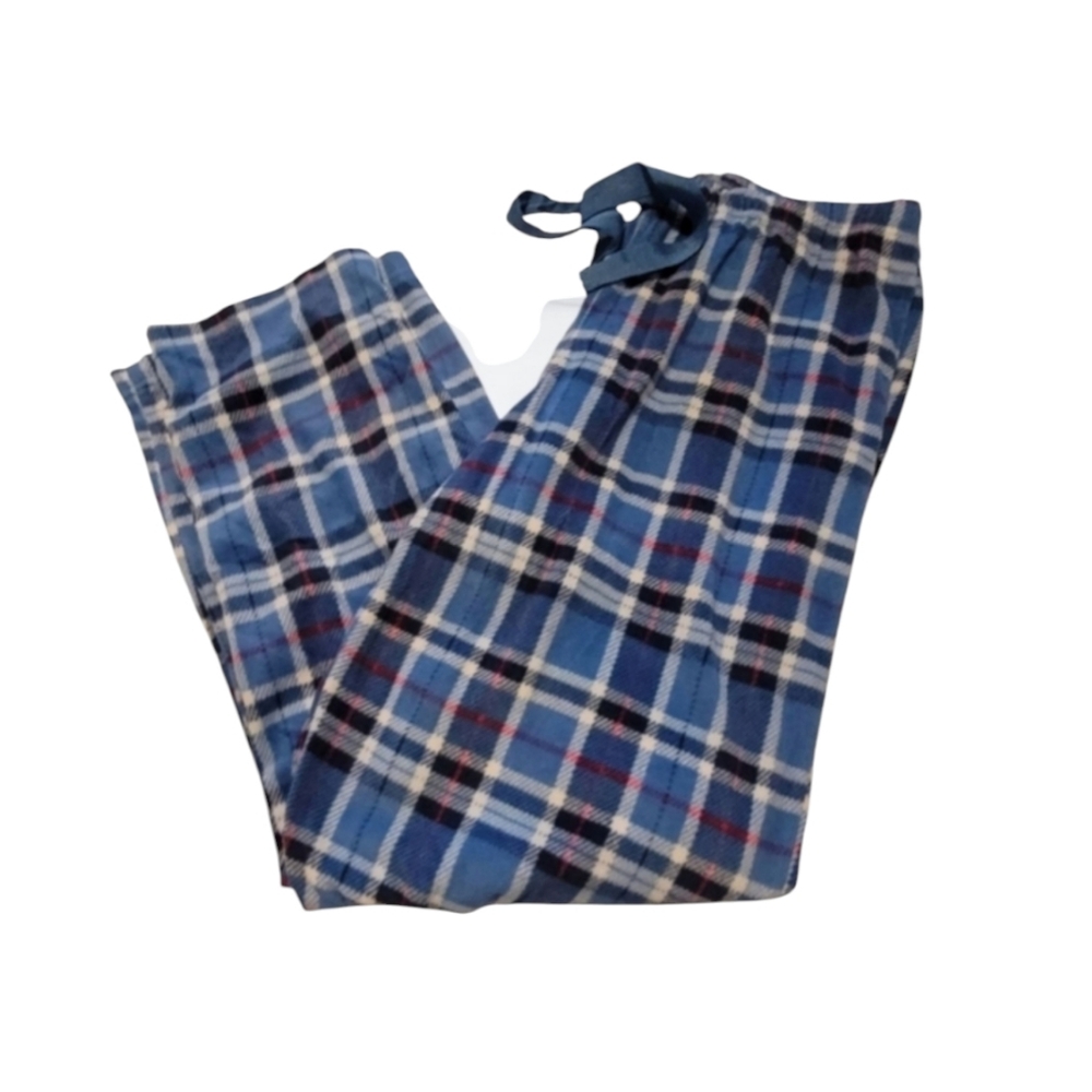 Hannah Snuggly Super Soft Blue White Plaid Drawstring PJ Lounge Pants Size Large